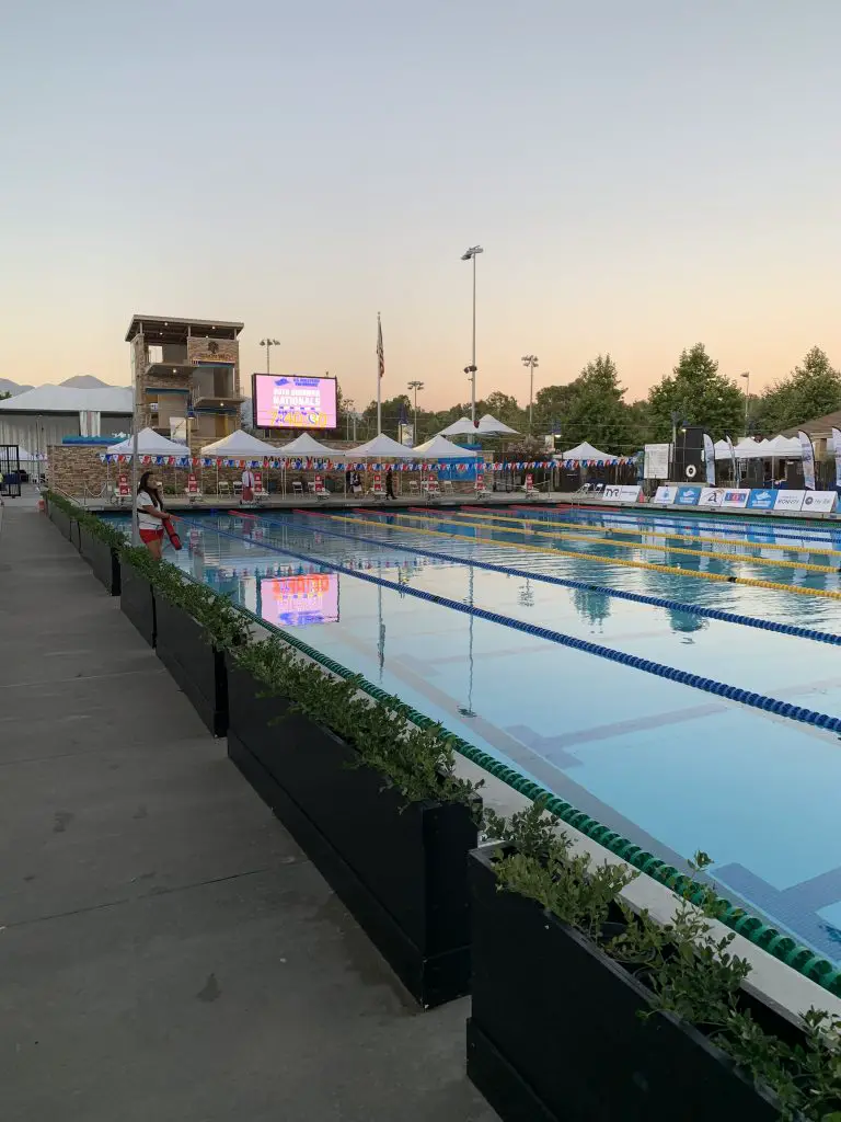 Sunset at the Marguerite Aquatic Center during the 2019 Masters Summer Nationals