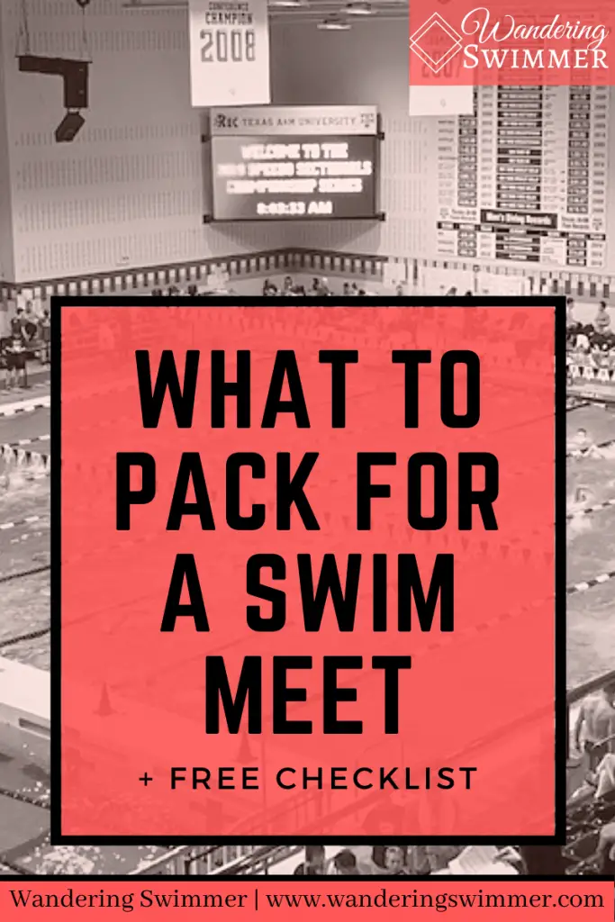 picture of a natatorium in the background with a red text box that reads 'what to pack for a swim meet' + free checklist