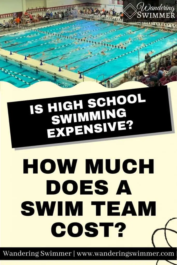 pin image with text that reads: Is high school swimming expensive? How much does a swim team cost? A picture of a swimming pool with swimmers is above the text