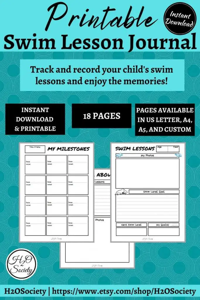 Image with blue background and text that reads: printable swim lesson journal. Track and record your child's swim lessons and enjoy the memories!