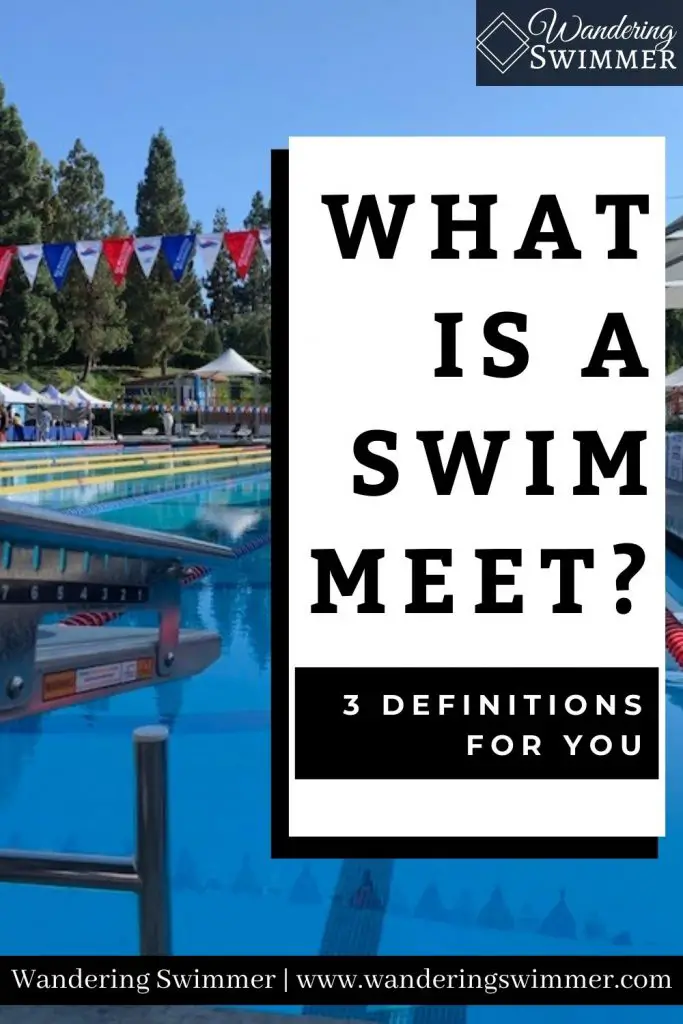 background of a pool with black text in a white box that reads 'what is a swim meet?' Another black box with white text reads '3 definitions for you'