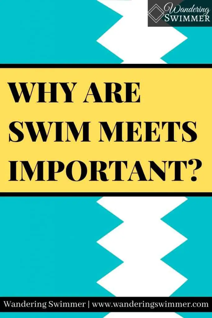 Image with blue background and white diamonds running along the right side of the image. A yellow text box with a black border. Fond reads: why are swim meets important?