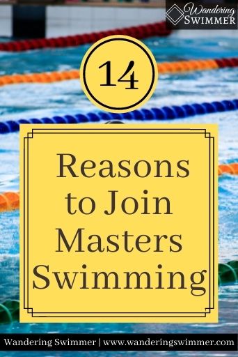 Image of a lane lines in a pool. A circle with the number 14 sits over a yellow text box with black border that reads: reasons to join masters swimming