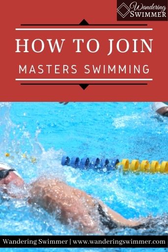 Image with two swimmers racing each other at the bottom of the image. The top has a red text box with white text that reads: how to join masters swimming