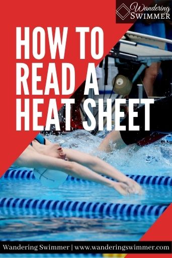 Image of a swimmer doing a backstroke start. Red diagonal boxes are in the upper left and bottom right corners. White text reads: how to read a heat sheet.