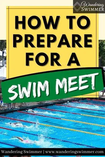Image with a pool in the bottom half of the picture. A yellow text box with a black border has black text that reads: how to prepare for a swim meet.