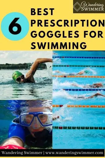 Image with a yellow background and three pictures in the middle. One of a guy swimming outside, the second of someone snorkeling, the third is a group of swimmers racing in a pool. Text at the top reads 6 Best Prescription Goggles for Swimming