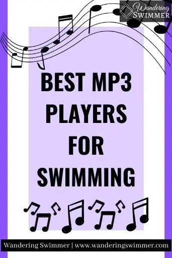 Image with a purple background and a white box. A light purple text box reads: 7 Best Waterproof MP3 Players for Swimming. Black musical notes frame the top and bottom of the text box