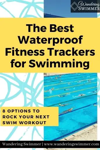 Image with a yellow text box that reads: The Best Waterproof Fitness Trackers for Swimming, 8 options to rock your next swim workout.' Blue squiggles fill a white background and a thin picture of a pool is on the right side.