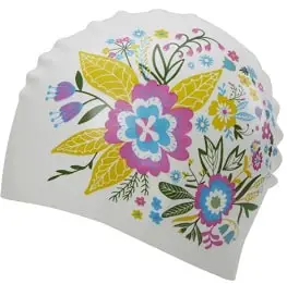 Image of Sporti's long hair white swim cap with flowers printed on it. 