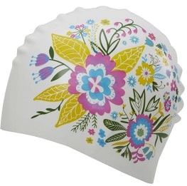 Image of Sporti's long hair white swim cap with flowers printed on it. 