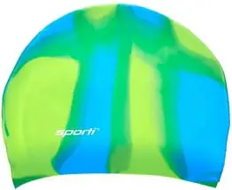 Image of Sporti's blue and green multi colored long hair swim cap, for swimmers with long hair