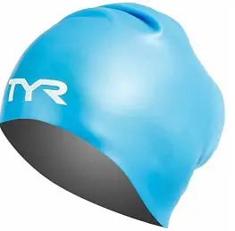 Image of a blue TYR long hair swim cap