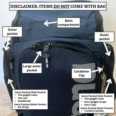 Image of the front of Arena's Team 45 Swim Bag with text descriptions