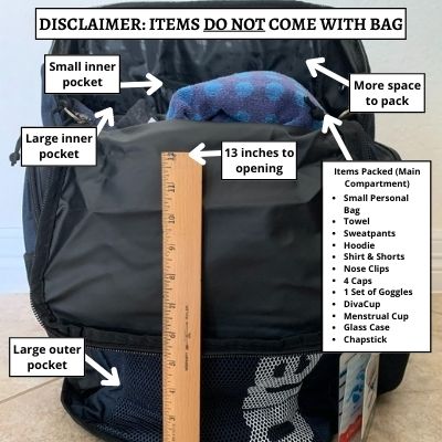 Image of the front of Arena's Team 45 Swim Bag with text descriptions. A ruler is propped up at the front for measurement reference