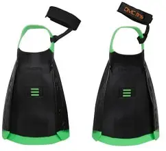 Image of DMC Repellor fins. These swim fins are black and green, with ankle straps