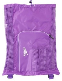 Image of a purple mesh gear bag from Speedo. This mesh gear bag has a large pocket on the front