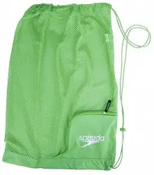 Image of a green mesh gear bag from Speedo. It has a small zipped pocket in the right corner.