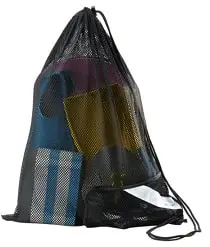 Image of a black mesh gear bag with a zipper from Sporti. The gear bag has swimming gear inside it