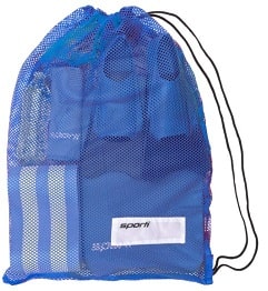 Image of a blue mesh gear bag from Sporti. There is swimming gear inside the gear bag.