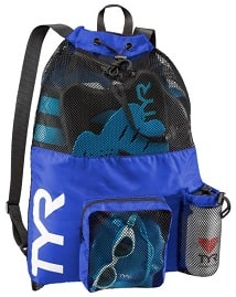 Image of a blue mesh gear bag from TYR. The gear bag has swimming gear inside it.