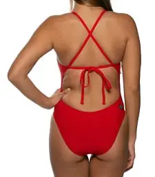 Back view of a red Jolyn tie back suit in a tie back swimsuit back style