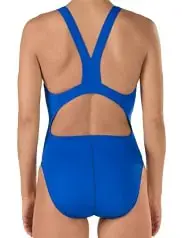 Back view of a blue Speedo Super Proback swimsuit in a racerback swim back style