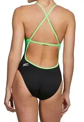 Back view of a green/yellow and back Speedo Crossback swimsuit in a Crossback swim back style