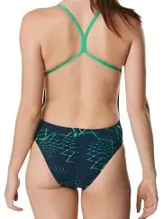 Back view of a green/teal and black Speedo One Back swimsuit in an open back swim back style