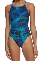 Front view of a blue Sporti Fly Back swimsuit