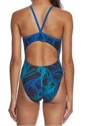 Back view of a blue Sporti Fly Back swimsuit in a V Back swim back style