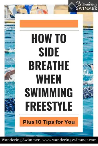 Image with a rectangular picture of a pool with blue lane lines and swimmers in it. A white text box is in the center of the image. Above the text is a small, blank orange box. Below that is text that reads: How to Side Breathe When Swimming Freestyle

Below the text is another small orange box with black text that reads: Plus 10 tips for you
