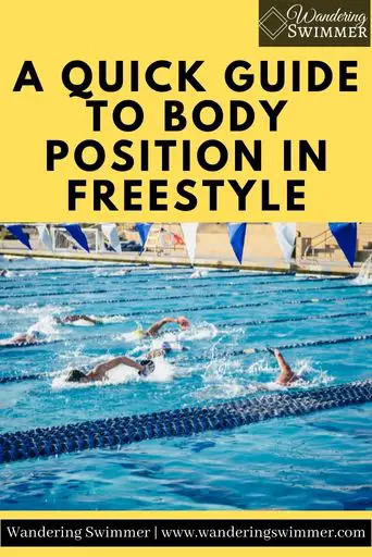Image with a yellow background and a picture of swimmers in a pool swimming freestyle. Black text reads: A Quick Guide to Body Position in Freestyle
