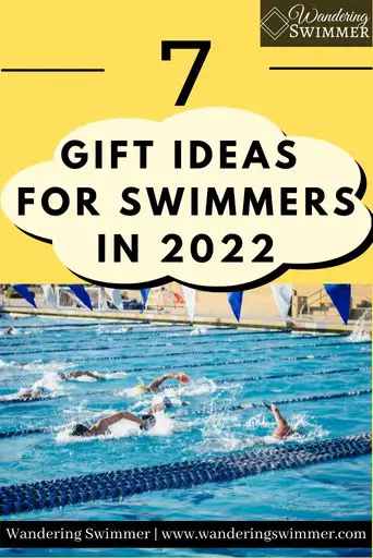 Image with a yellow background and a picture of a pool with swimmers in into taking up the bottom half of the image. A white cloud icon with a black shadow has text that reads: Gift Ideas for Swimmers in 2022