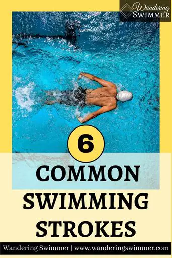 Image with a yellow background and a picture of a man swimming butterfly. Below the man is a pale yellow text box with black font that reads 6 Common Swimming Strokes