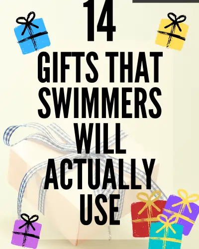 An image with a faded picture of a present. Several hand drawn gifts border the picture. Text reads: 14 gifts that swimmers will actually use
